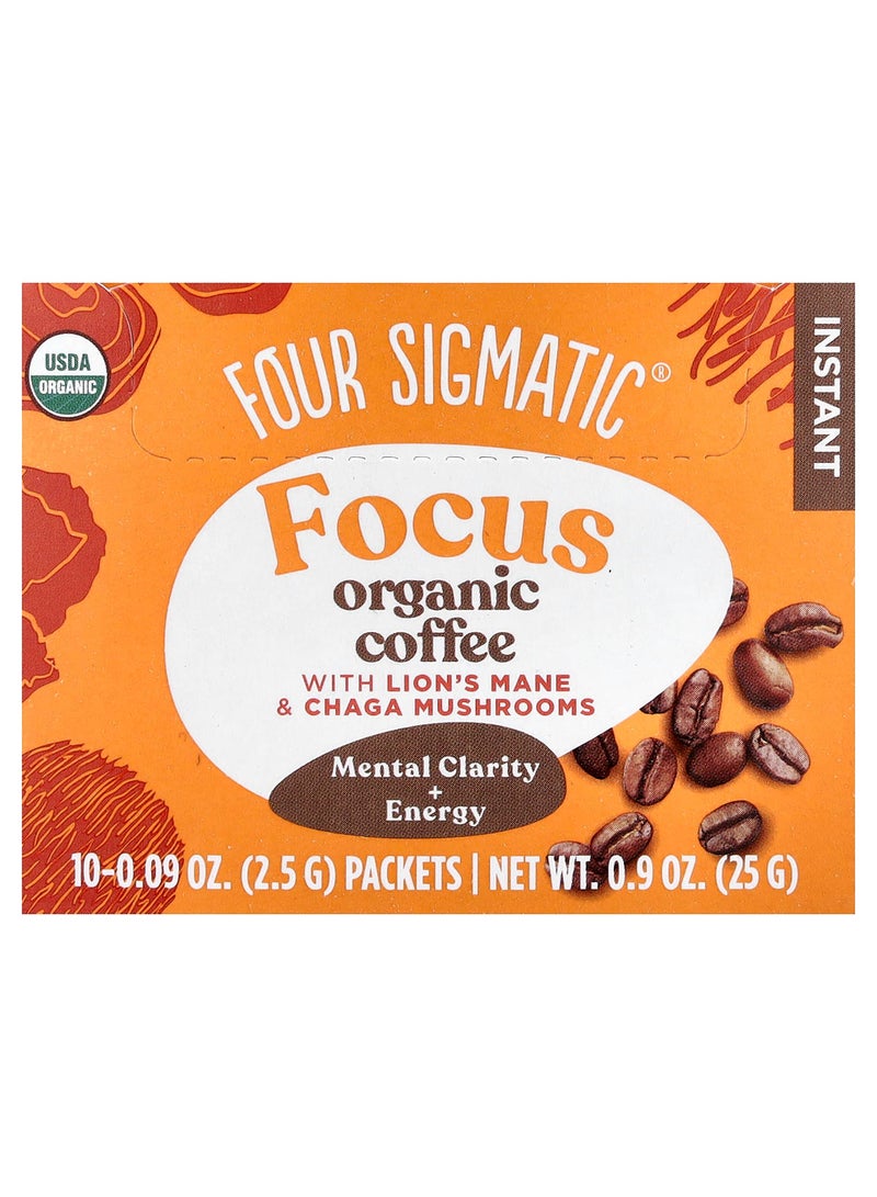 Focus, Instant Organic Coffee with Lion's Mane & Chaga Mushrooms, Medium Roast, 10 Packets, 0.09 oz (2.5 g) Each